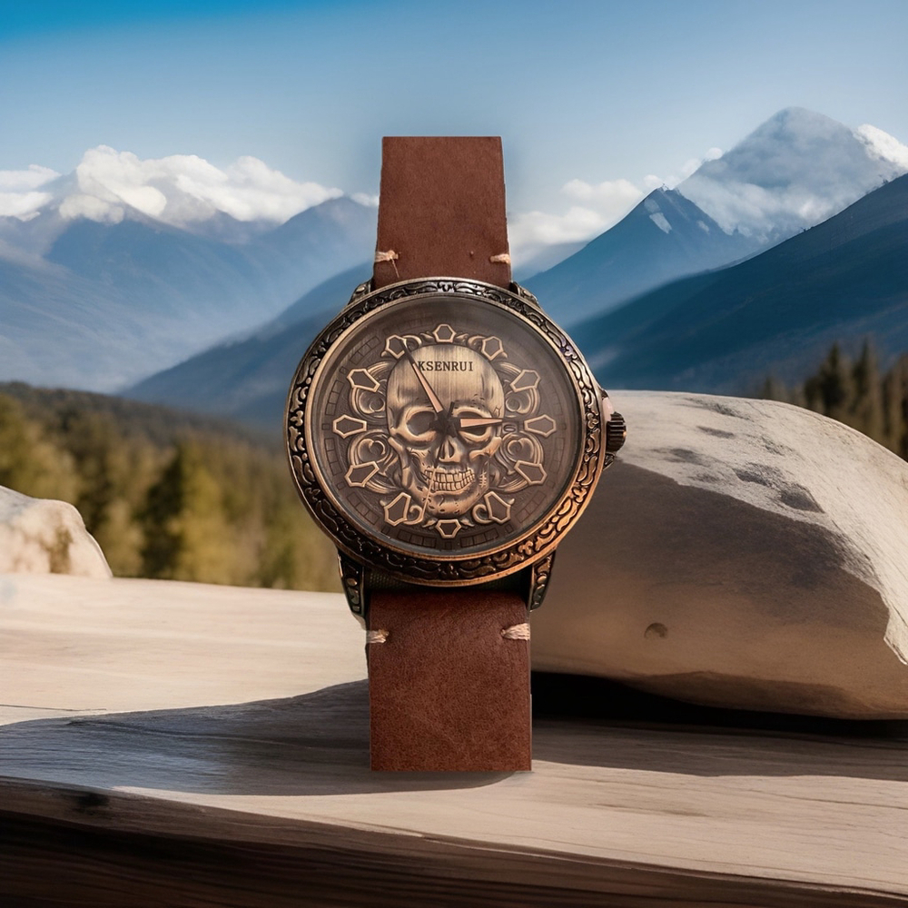 Ksenrui Men’s Skull Quartz Watch With Leather Strap.